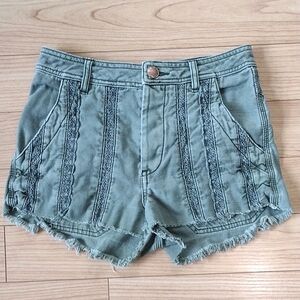 Free People Great Expectations Moss Green Denim Shorts with Lace Size 2